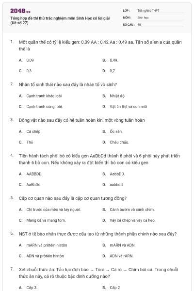Tổng hợp đề thi thử trắc nghiệm môn Sinh Học có lời giải (Đề số 27)