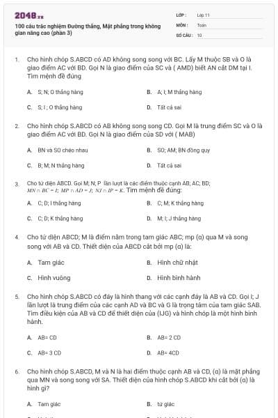 100 câu trắc nghiệm Đường thẳng, Mặt phẳng trong không gian nâng cao (phần 3)