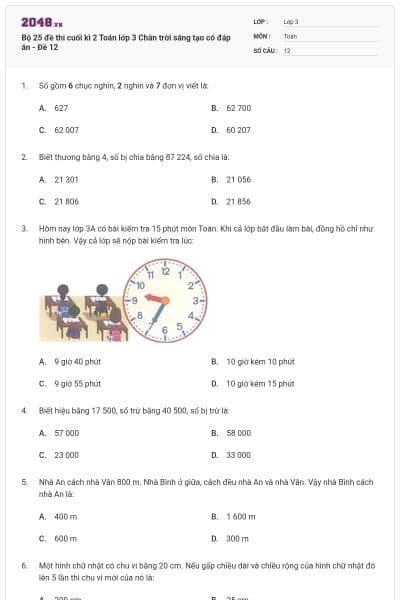 Bộ 25 đề thi cuối kì 2 Toán lớp 3 Chân trời sáng tạo có đáp án - Đề 12