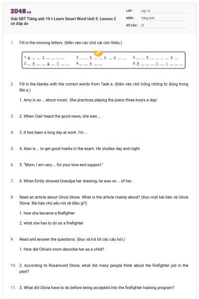Giải SBT Tiếng anh 10 I-Learn Smart Word Unit 5. Lesson 2 có đáp án