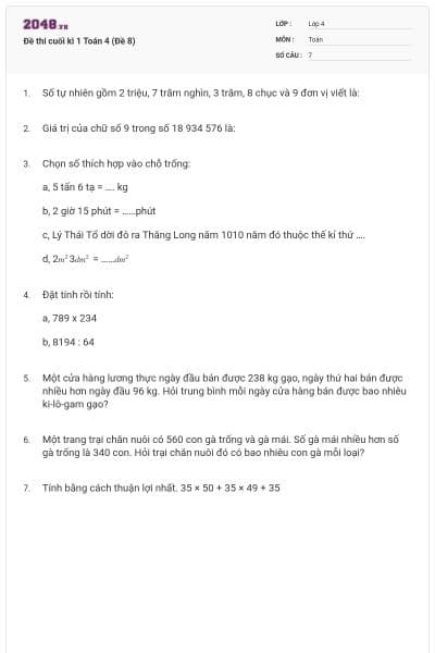 Đề thi cuối kì 1 Toán 4 (Đề 8)