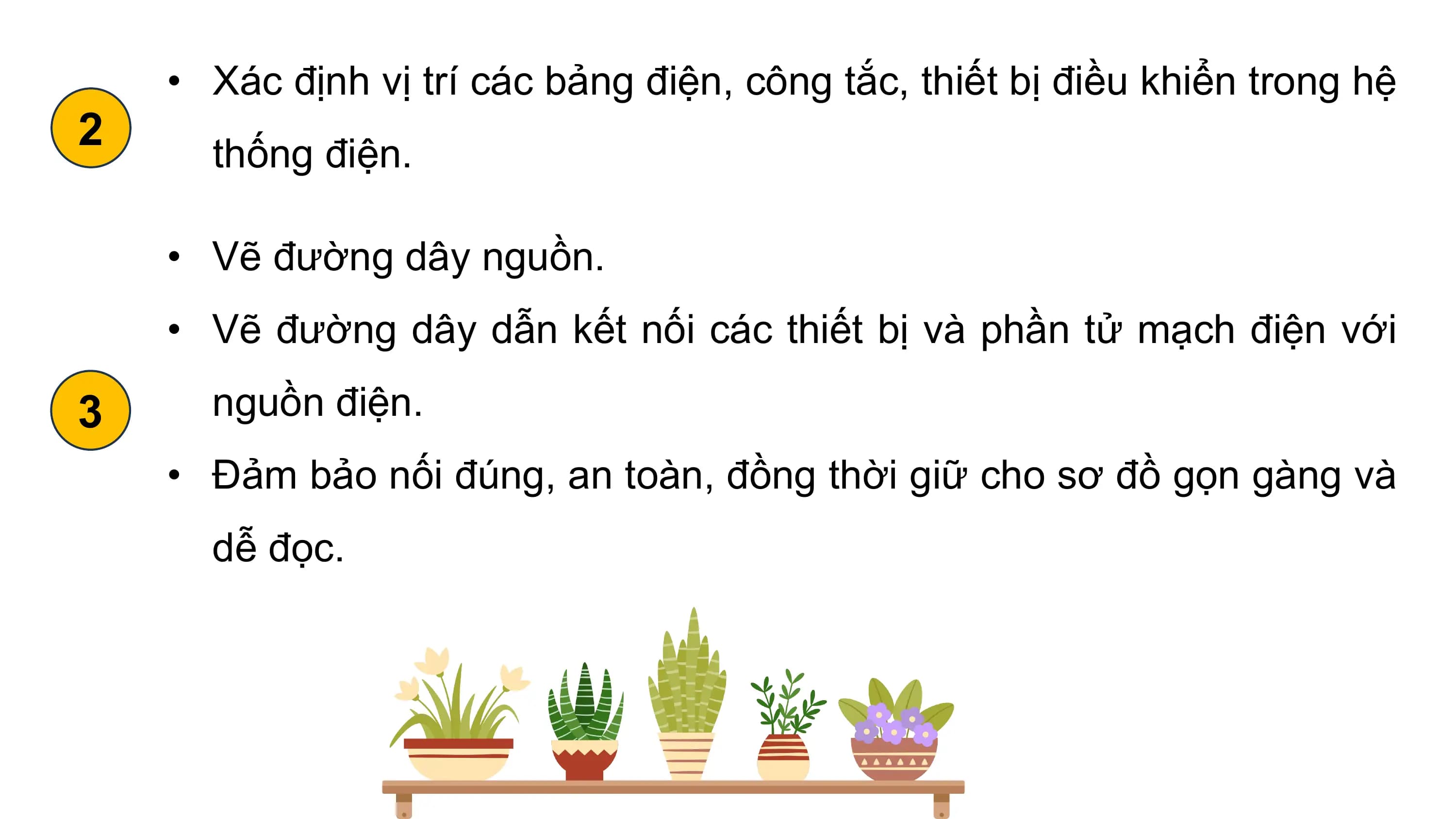 • Xác định vị trí các bảng điện, công tắc, thiết bị điều khiển trong hệ
2 thống điện.
• Vẽ đường dây nguồn.
• Vẽ đường dây dẫn kết nối các thiết bị và phần tử mạch điện với
3 nguồn điện.
• Đảm bảo nối đúng, an toàn, đồng thời giữ cho sơ đồ gọn gàng và
dễ đọc.