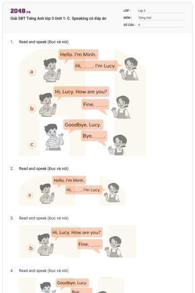 Giải SBT Tiếng Anh lớp 3 Unit 1: C. Speaking có đáp án