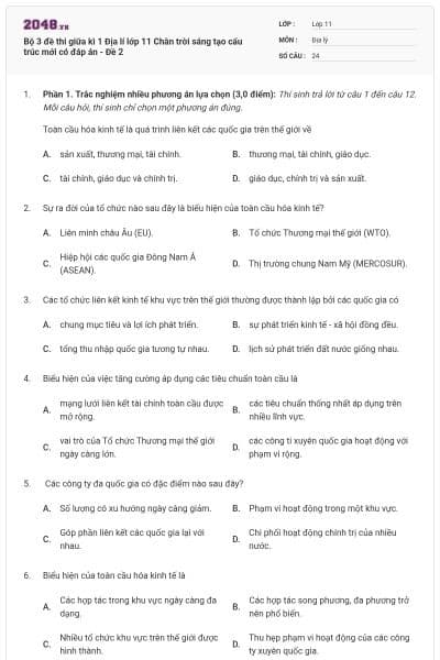 Bộ 3 đề thi giữa kì 1 Địa lí lớp 11 Chân trời sáng tạo cấu trúc mới có đáp án - Đề 2