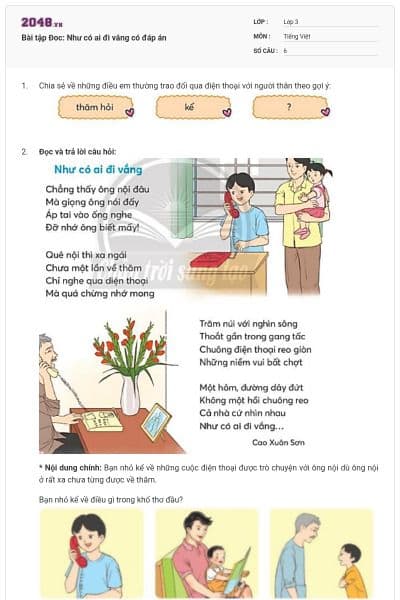 Bài tập Đoc: Như có ai đi vắng có đáp án