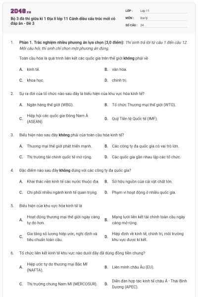 Bộ 3 đề thi giữa kì 1 Địa lí lớp 11 Cánh diều cấu trúc mới có đáp án - Đề 3