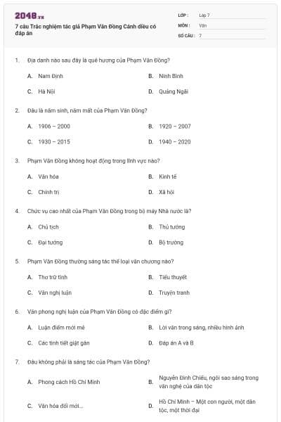 7 câu Trắc nghiệm tác giả Phạm Văn Đồng Cánh diều có đáp án