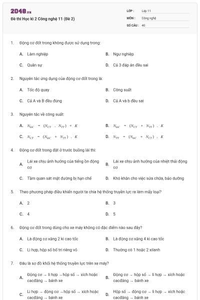 Đề thi Học kì 2 Công nghệ 11 (Đề 2)