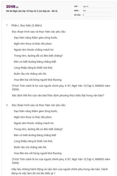 Đề thi Ngữ văn lớp 10 Học kì 2 (có đáp án - Đề 4)