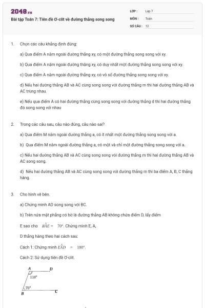 Bài tập Toán 7: Tiên đề Ơ-clít về đường thẳng song song