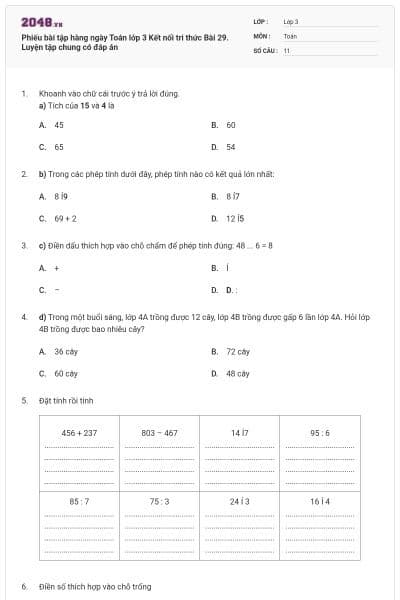 Phiếu bài tập hàng ngày Toán lớp 3 Kết nối tri thức Bài 29. Luyện tập chung có đáp án