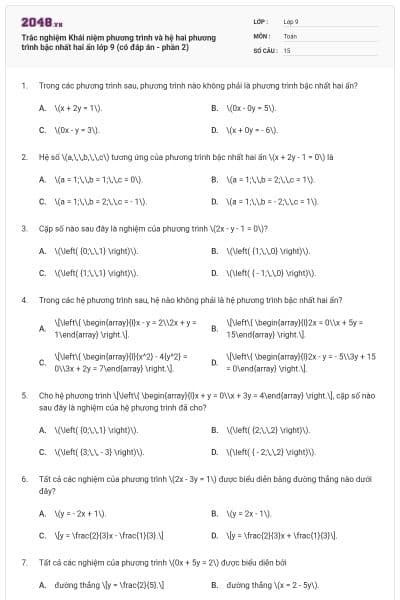 Trắc nghiệm Khái niệm phương trình và hệ hai phương trình bậc nhất hai ẩn lớp 9 (có đáp án - phần 2)