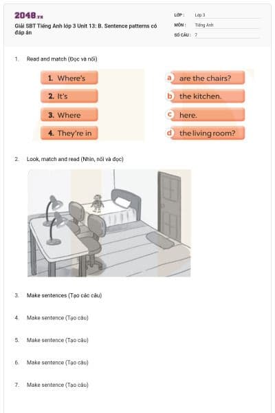 Giải SBT Tiếng Anh lớp 3 Unit 13: B. Sentence patterns có đáp án