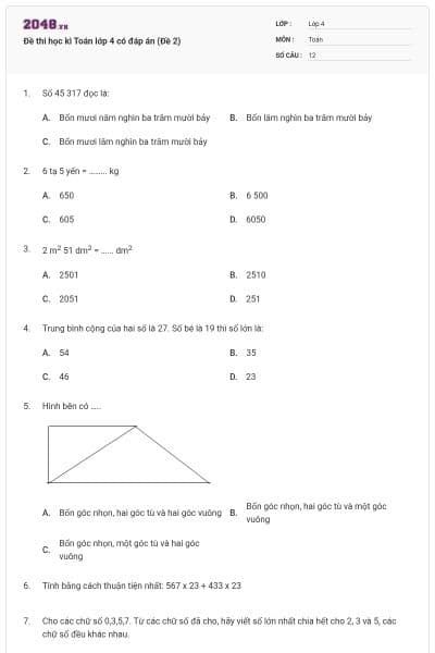 Đề thi học kì Toán lớp 4 có đáp án (Đề 2)