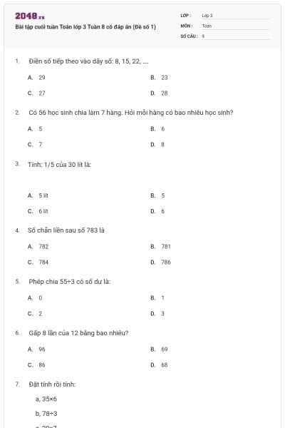Bài tập cuối tuần Toán lớp 3 Tuần 8 có đáp án (Đề số 1)