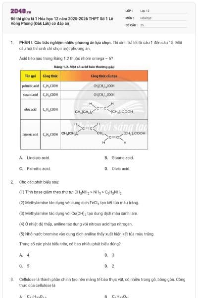 Đề thi giữa kì 1 Hóa học 12 năm 2025-2026 THPT Số 1 Lê Hồng Phong (Đắk Lắk) có đáp án