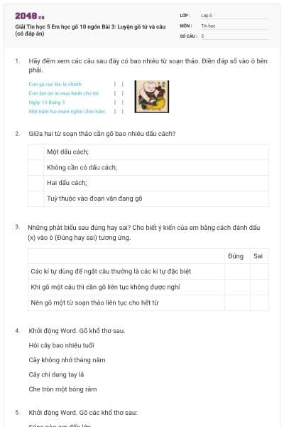 Giải Tin học 5 Em học gõ 10 ngón Bài 3: Luyện gõ từ và câu (có đáp án)