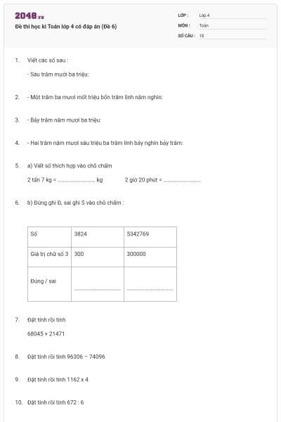 Đề thi học kì Toán lớp 4 có đáp án (Đề 6)