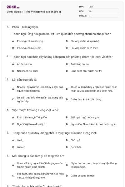 Đề thi giữa kì 1 Tiếng Việt lớp 9 có đáp án (Đề 1)