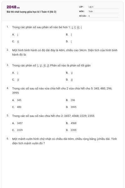 Bài thi chất lượng giữa học kì I Toán 4 (Đề 3)