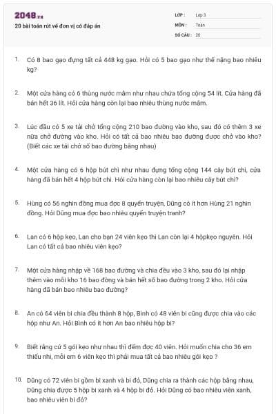 20 bài toán rút vế đơn vị có đáp án