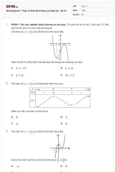 Đề thi giữa kì 1 Toán 12 Kết nối tri thức (có đáp án) - Đề 01