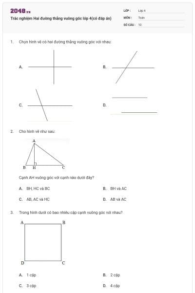 Trắc nghiệm Hai đường thẳng vuông góc lớp 4(có đáp án)