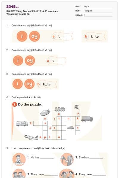 Giải SBT Tiếng Anh lớp 3 Unit 17: A. Phonics and Vocabulary có đáp án