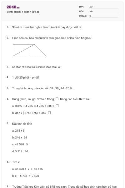 Đề thi cuối kì 1 Toán 4 (Đề 3)