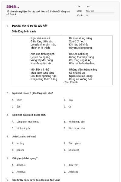 15 câu trắc nghiệm Ôn tập cuối học kì 2 Chân trời sáng tạo có đáp án