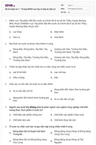 Đề ôn luyện số 1 - Tổ hợp KHXH cực hay có đáp án (Địa Lí)