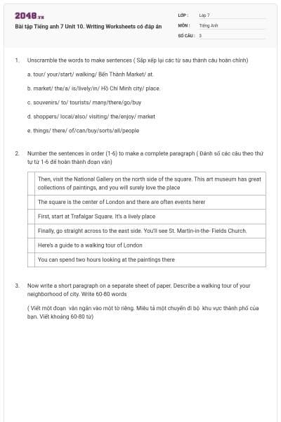 Bài tập Tiếng anh 7 Unit 10. Writing Worksheets có đáp án