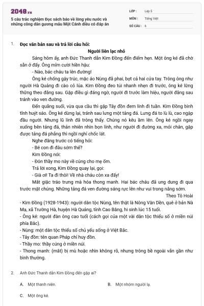 5 câu trắc nghiệm Đọc sách báo về lòng yêu nước và những công dân gương mẫu Một Cánh diều có đáp án