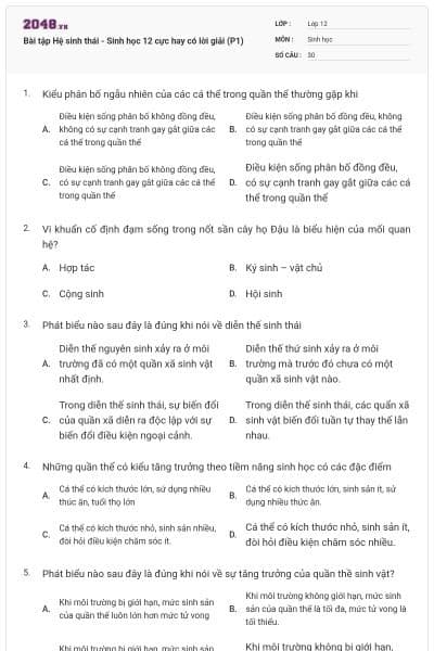 Bài tập Hệ sinh thái - Sinh học 12 cực hay có lời giải (P1)