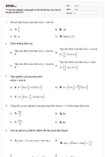 17 bài trắc nghiệm Lượng giác từ đề thi Đại học cực hay có lời giải chi tiết (P1)