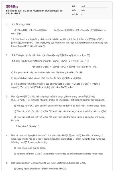 Bộ 5 đề thi cuối kì 2 Toán 7 Kết nối tri thức (Tự luận) có đáp án - Đề 5