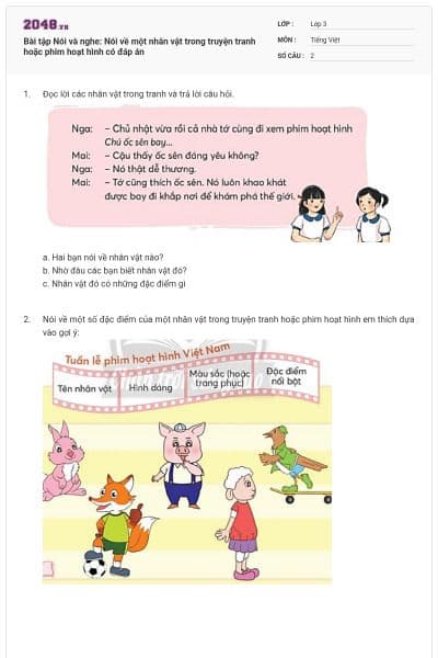 Bài tập Nói và nghe: Nói về một nhân vật trong truyện tranh hoặc phim hoạt hình có đáp án