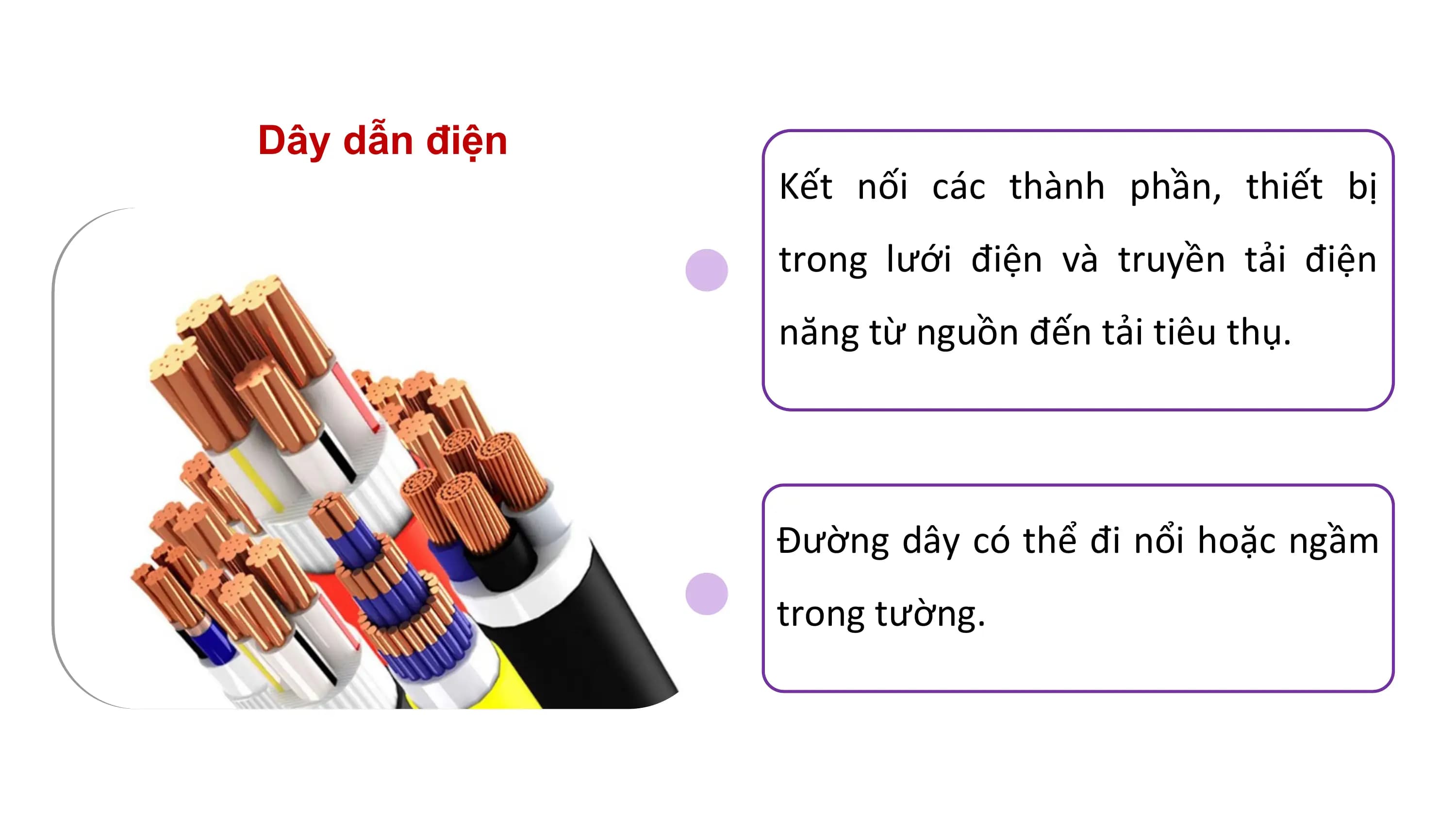 Dây dẫn điện
Kết nối các thành phần, thiết bị
trong lưới điện và truyền tải điện
năng từ nguồn đến tải tiêu thụ.
Đường dây có thể đi nổi hoặc ngầm
trong tường.