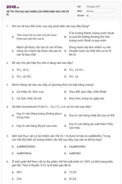 ĐỀ THI THỬ ĐẠI HỌC NÂNG CAO MÔN SINH HỌC (ĐỀ SỐ 8)