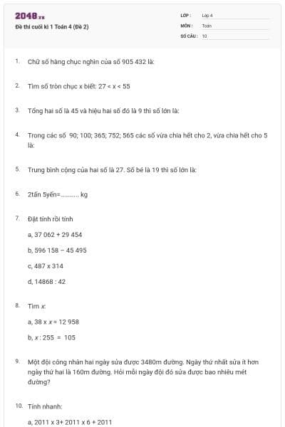 Đề thi cuối kì 1 Toán 4 (Đề 2)