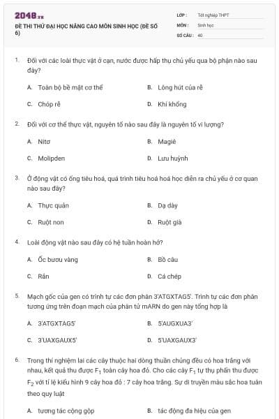 ĐỀ THI THỬ ĐẠI HỌC NÂNG CAO MÔN SINH HỌC (ĐỀ SỐ 6)