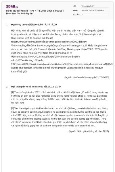 Đề thi thử Tốt nghiệp THPT KTPL 2025-2026 Sở GD&ĐT Ninh Bình lần 3 có đáp án