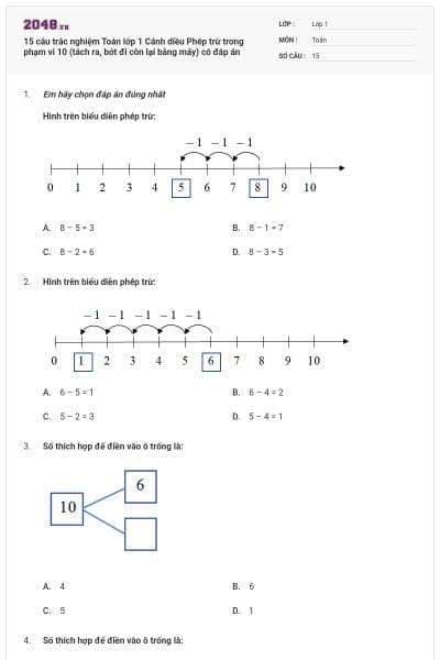 15 câu trắc nghiệm Toán lớp 1 Cánh diều Phép trừ trong phạm vi 10 (tách ra, bớt đi còn lại bằng mấy) có đáp án