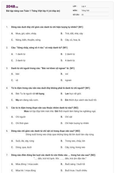 Bài tập nâng cao Tuần 1 Tiếng Việt lớp 4 (có đáp án)