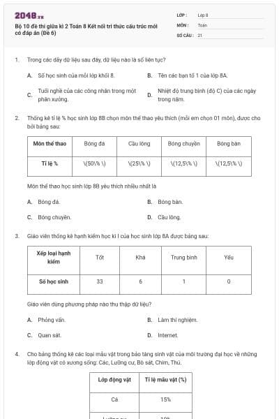 Bộ 10 đề thi giữa kì 2 Toán 8 Kết nối tri thức cấu trúc mới có đáp án (Đề 6)