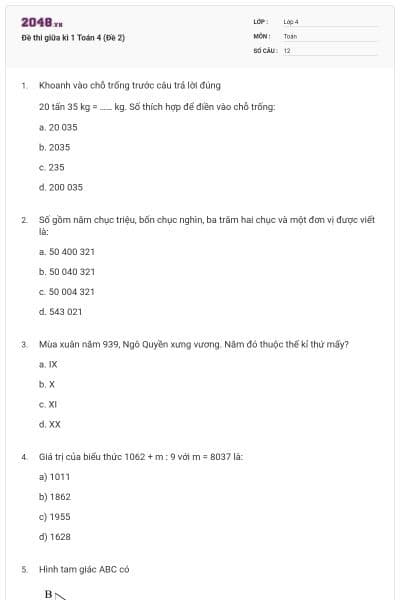 Đề thi giữa kì 1 Toán 4 (Đề 2)
