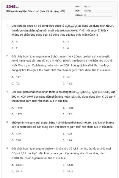 Bài tập trắc nghiệm Este - Lipit (mức độ vận dụng - P4)