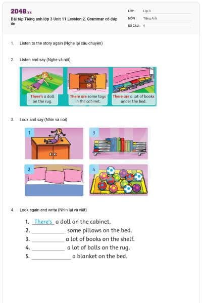 Bài tập Tiếng anh lớp 3 Unit 11 Lession 2. Grammar có đáp án