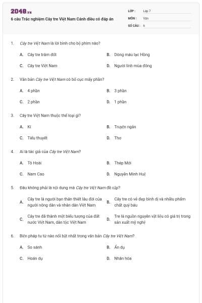 6 câu Trắc nghiệm Cây tre Việt Nam Cánh diều có đáp án
