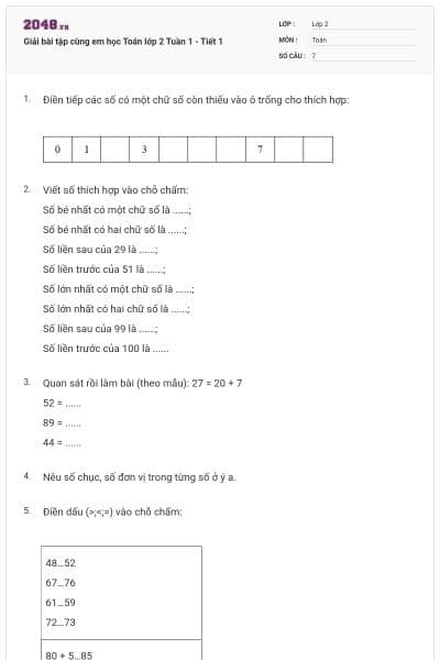 Giải bài tập cùng em học Toán lớp 2 Tuần 1 - Tiết 1